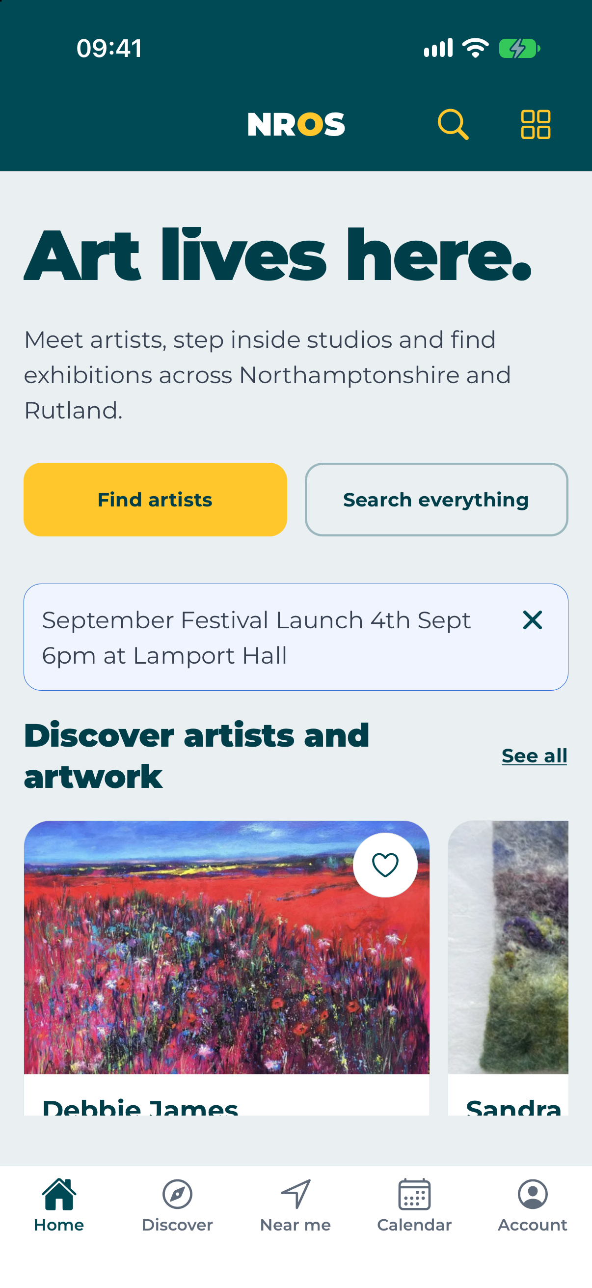 NROS app home screen showing artists and artwork